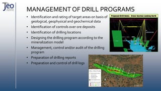 MANAGEMENT OF DRILL PROGRAMS
• Identification and rating of target areas on basis of
geological, geophysical and geochemical data
• Identification of controls over ore deposits
• Identification of drilling locations
• Designing the drilling program according to the
mineralization model
• Management, control and/or audit of the drilling
program
• Preparation of drilling reports
• Preparation and control of drill logs
 