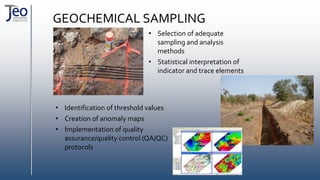 GEOCHEMICAL SAMPLING
• Selection of adequate
sampling and analysis
methods
• Statistical interpretation of
indicator and trace elements
• Identification of threshold values
• Creation of anomaly maps
• Implementation of quality
assurance/quality control (QA/QC)
protocols
 