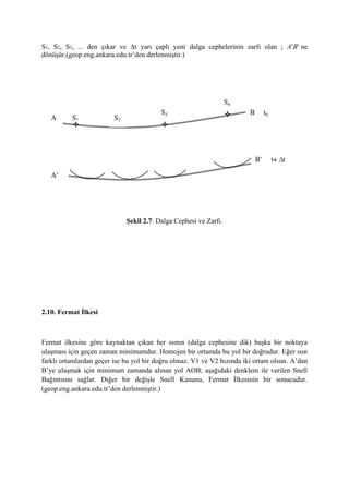 S1, S2, S3, ... den çıkar ve ∆t yarı çaplı yeni dalga cephelerinin zarfı olan ; ABne
dönüşür.(geop.eng.ankara.edu.tr’den derlenmiştir.)
Şekil 2.7: Dalga Cephesi ve Zarfı.
2.10. Fermat İlkesi
Fermat ilkesine göre kaynaktan çıkan her ısının (dalga cephesine dik) başka bir noktaya
ulaşması için geçen zaman minimumdur. Homojen bir ortamda bu yol bir doğrudur. Eğer ısın
farklı ortamlardan geçer ise bu yol bir doğru olmaz. V1 ve V2 hızında iki ortam olsun. A’dan
B’ye ulaşmak için minimum zamanda alınan yol AOB; aşağıdaki denklem ile verilen Snell
Bağıntısını sağlar. Diğer bir değişle Snell Kanunu, Fermat İlkesinin bir sonucudur.
(geop.eng.ankara.edu.tr’den derlenmiştir.)
 