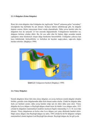 2.3. S Dalgaları (Enine Dalgalar)
İkinci tür cisim dalgaları olan S-dalgaları da, ingilizcede "ikincil" anlamına gelen "secondary"
sözcüğünün baş harfinden bu adı almıştır. Kolayca tahmin edilebileceği gibi, bu dalgalar
deprem sonrası ölçüm istasyonuna ikinci sırada ulaşmaktadır. Daha yavaş hareket eden bu
dalgaların hızı da saniyede 2-5 km arasında değişmektedir. S-dalgalarının hareketleri ise,
dalganın ilerleme yönüne diktir. Bu, bir ucu sabit olan bir halatın diğer ucundan tutarak
yaptığımız atma hareketiyle oluşan dalga hareketine benzetilebilir .S-dalgaları yalnızca katı
kaya kütlelerinde ilerleyebilirler ve ilerlerken de kayaları aşağı-yukarı, sağa-sola doğru
hareket ettirirler. (Buğdaycı 1999)
Şekil 2.2: S dalgasının hareketi (Buğdaycı 1999)
2.4. Yüzey Dalgaları
Sismik dalgaların ikinci türü olan yüzey dalgaları, en yavaş ilerleyen sismik dalgalar olmakla
birlikte, genelde cisim dalgalarından daha fazla hasara neden olurlar. Çünkü bu dalgalar daha
fazla yer hareketi yaratır, daha yavaş hareket ettiği için de etkisi daha uzun sürer. Yüzey
dalgaları da Love dalgası ve Rayleigh dalgası olmak üzere iki türdür. Love dalgası adını, 1911
yılında bu dalgaların matematiksel modelini inceleyen İngiliz matematikçi A. E. H. Love’dan
almıştır. Yüzey dalgalarının en hızlısı olan Love dalgası yeri yatay düzlemde hareket ettirir.
Diğer yüzey dalgası olan Rayleigh dalgası ise adını, 1885 yılında bu tür bir dalganın varlığını
matematiksel olarak öngören Lord Rayleigh’den almıştır. Rayleigh dalgası da, bir göl ya da
 