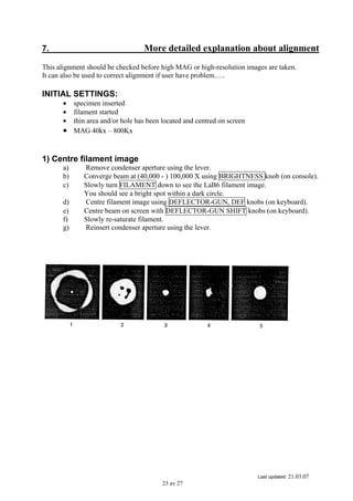 Last updated: 21.03.07
23 av 27
7. More detailed explanation about alignment
This alignment should be checked before high MAG or high-resolution images are taken.
It can also be used to correct alignment if user have problem…..
INITIAL SETTINGS:
• specimen inserted
• filament started
• thin area and/or hole has been located and centred on screen
• MAG 40kx – 800Kx
1) Centre filament image
a) Remove condenser aperture using the lever.
b) Converge beam at (40,000 - ) 100,000 X using BRIGHTNESS knob (on console).
c) Slowly turn FILAMENT down to see the LaB6 filament image.
You should see a bright spot within a dark circle.
d) Centre filament image using DEFLECTOR-GUN, DEF knobs (on keyboard).
e) Centre beam on screen with DEFLECTOR-GUN SHIFT knobs (on keyboard).
f) Slowly re-saturate filament.
g) Reinsert condenser aperture using the lever.
 