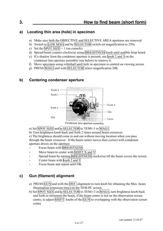 Last updated: 21.03.07
6 av 27
3. How to find beam (short form)
a) Locating thin area (hole) in specimen
a) Make sure both the OBJECTIVE and SELECTIVE AREA apertures are removed
b) Switch to LOW MAG and by SELECTOR switch set magnification to 250x
c) Set the SPOT SIZE = 1 (on console)
d) Spread beam counter-clockwise using BRIGHTNESS knob until audible beep heard
e) If a shadow from the condenser aperture is present, use knob 2 and 3 on the
condenser lens aperture assembly (see below) to remove it.
f) Move specimen using rollerball until hole in specimen is centred on viewing screen
g) PRESS MAG1 and with SELECTOR select magnification 20K
b) Centering condenser aperture
a) Set SPOT SIZE and α-SELECTOR to TEM1-3 in MAG1.
b) Turn brightness knob back and forth 2 times around beam crossover.
c) The brightness should come in and out without moving location when you pass
through the beam crossover. If the beam centre moves then correct with condenser
aperture drives on the aperture:
- Focus beam with BRIGHTNESS
- Move beam to center with SHIFT X and Y
- Spread beam by turning BRIGHTNESS clockwise till the beam covers the screen.
- Center beam with knob 2 and 3
- Focus beam and repeat until OK
c) Gun (filament) alignment
a) PRESS GUN and with the DEF alignment to turn knob for obtaining the Max. beam
illumination (exposure time) on the TEM PC screen.
b) Set SPOT SIZE and α-SELECTOR to TEM1-3 in MAG1, turn brightness knob back
and forth to minimum the beam, if the beam centre is not on the observation screen
centre, to adjust SHIFT knobs of the GUN to overlapping with the observation screen
centre
 