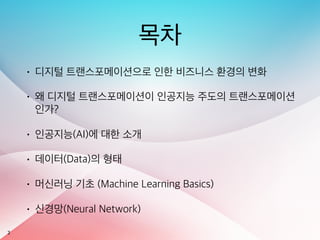 2
목차
• 디지털 트랜스포메이션으로 인한 비즈니스 환경의 변화
• 왜 디지털 트랜스포메이션이 인공지능 주도의 트랜스포메이션
인가?
• 인공지능(AI)에 대한 소개
• 데이터(Data)의 형태
• 머신러닝 기초 (Machine Learning Basics)
• 신경망(Neural Network)
 