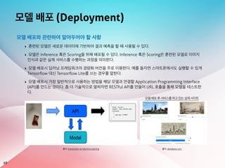 모델 배포 (Deployment)
49
모델 배포와 관련하여 알아두어야 할 사항
‣ 훈련된 모델은 새로운 데이터에 기반하여 결과 예측을 할 때 사용될 수 있다.
‣ 모델은 Inference 혹은 Scoring을 위해 배포될 수 있다. Inference 혹은 Scoring은 훈련된 모델로 이미지
인식과 같은 실제 서비스를 수행하는 과정을 의미한다.
‣ 모델 배포시 딥러닝 프레임워크의 경량화 버전을 주로 이용한다. 예를 들자면 스마트폰에서도 실행할 수 있게
Tensorﬂow 대신 Tensorﬂow Lite를 쓰는 경우를 말한다.
‣ 모델 배포시 가장 일반적으로 사용하는 방법을 해당 모델과 연결할 Application Programming Interface
(API)를 만드는 것이다. 좀 더 기술적으로 말하자면 RESTful API를 만들어 URL 호출을 통해 모델을 테스트한
다.
출처: Introduction to Machine Learning
모델 배포 후 서비스를 하고 있는 실제 사이트
출처: reiinakano.com
 