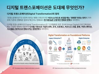디지털 트랜스포메이션은 도대체 무엇인가?
디지털 트랜스포메이션(Digital Transformation)의 정의
‘트랜스포메이션’의 사전적 의미는 변화나 변신이지만 비즈니스적으로 보았을 때는 ‘대변환’이라는 의미에 가까
우며 기존에 진행해온 업무의 혁신이나 변화보다 한 차원 높은 근본적인 변화와 변혁을 의미한다. 

디지털 트랜스포메이션(Digital Transformation)은 ‘디지털화된 모든 것(All things Digital)으로 인해 발생
하는 다양한 변화에 대응하여 디지털 기반으로 기업의 전략, 조직, 프로세스, 비즈니스 모델, 문화, 커뮤니케이션,
시스템을 근본적으로 변화시키는 경영전략을 의미한다.
5
출처: https://www.zdnet.com/article/the-sap-platform-and-digital-transformation/출처: The strategic indicators of digital transformation in education
 