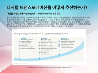 디지털 트랜스포메이션을 어떻게 추진하는가?
디지털 트랜스포메이션(Digital Transformation) 프로세스
앞서 언급한 대로 디지털 트랜스포메이션은 기존의 업무 변화보다 한 차원 높은 단계로 근본적인 변화를 일으키
는 전략을 말하므로 이를 수행하기 위해서는 경영진의 지지 및 투자예산 확보, 명확한 비전과 범위 설정, CDO
(Chief Data Officer) 휘하의 디지털화 전담 조직 신설이 필요하고, 이와 더불어 해당 조직이 새롭고 어자일한
업무 방식 기반으로 사업 운영을 하면서, 사내 직원들이 디지털 문화에 적응하도록 도움을 주는 역할을 해야 함과
동시에 지속적으로 새로운 디지털 기반 사업 운영 모델을 개발하는 프로세스가 필요하다.
6
출처: https://www.mckinsey.com/industries/financial-services/our-insights/a-roadmap-for-a-digital-transformation
 