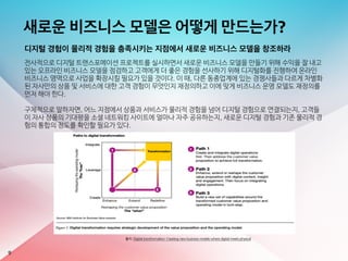 새로운 비즈니스 모델은 어떻게 만드는가?
디지털 경험이 물리적 경험을 충족시키는 지점에서 새로운 비즈니스 모델을 창조하라
전사적으로 디지털 트랜스포메이션 프로젝트를 실시하면서 새로운 비즈니스 모델을 만들기 위해 수익을 잘 내고
있는 오프라인 비즈니스 모델을 점검하고 고객에게 더 좋은 경험을 선사하기 위해 디지털화를 진행하여 온라인
비즈니스 영역으로 사업을 확장시킬 필요가 있을 것이다. 이 때, 다른 동종업계에 있는 경쟁사들과 다르게 차별화
된 자사만의 상품 및 서비스에 대한 고객 경험이 무엇인지 재정의하고 이에 맞게 비즈니스 운영 모델도 재정의를
먼저 해야 한다. 

구체적으로 말하자면, 어느 지점에서 상품과 서비스가 물리적 경험을 넘어 디지털 경험으로 연결되는지, 고객들
이 자사 상품의 기대평을 소셜 네트워킹 사이트에 얼마나 자주 공유하는지, 새로운 디지털 경험과 기존 물리적 경
험의 통합의 정도를 확인할 필요가 있다.
9
출처: Digital transformation: Creating new business models where digital meets physical
 