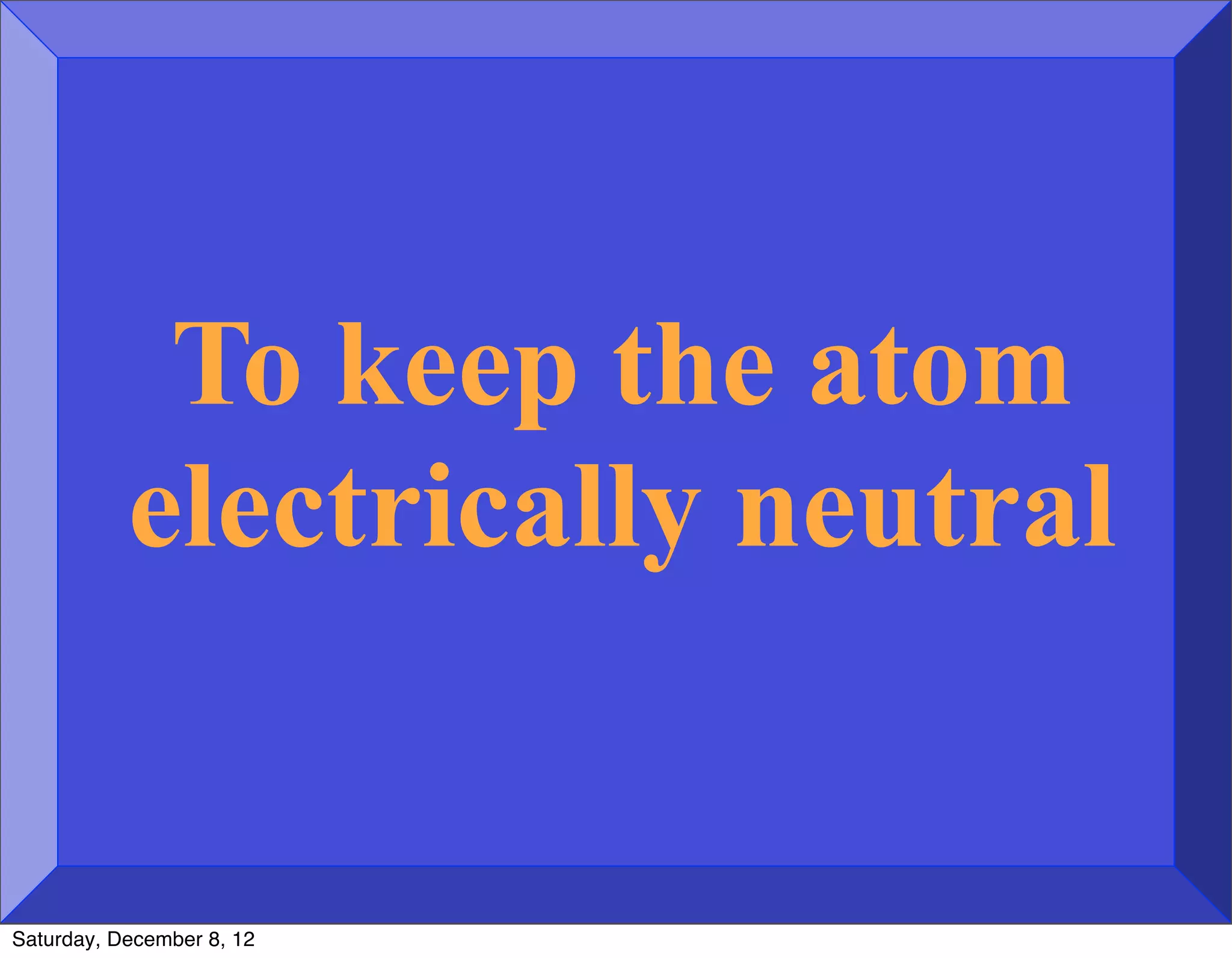 To keep the atom
           electrically neutral


Saturday, December 8, 12
 