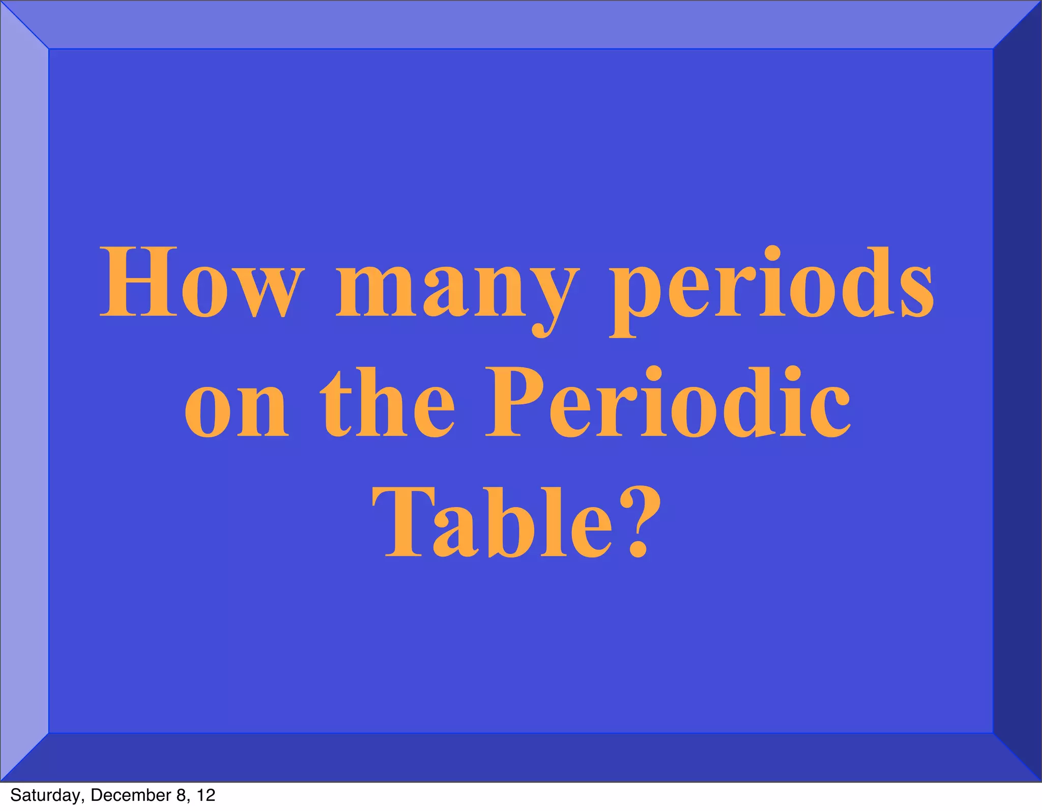 How many periods
           on the Periodic
               Table?

Saturday, December 8, 12
 