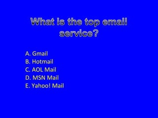 A. Gmail B. Hotmail C. AOL Mail D. MSN Mail E. Yahoo! Mail 