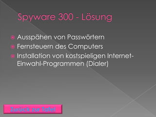  Ausspähen von Passwörtern
 Fernsteuern des Computers
 Installation von kostspieligen Internet-
  Einwahl-Programmen (Dialer)
 