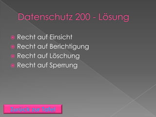  Recht auf Einsicht
 Recht auf Berichtigung
 Recht auf Löschung
 Recht auf Sperrung
 