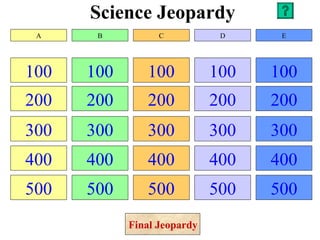 Science Jeopardy 100 200 300 400 500 100 200 300 400 500 100 200 300 400 500 100 200 300 400 500 100 200 300 400 500 A B C D E Final Jeopardy 