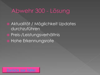  Aktualität / Möglichkeit Updates
durchzuführen
 Preis-/Leistungsverhältnis
 Hohe Erkennungsrate
 