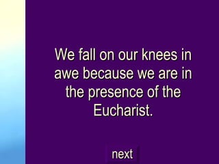 We fall on our knees in awe because we are in the presence of the Eucharist. next 