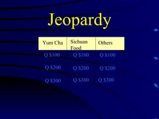 Jeopardy Yum Cha Sichuan Food Q $100 Q $200 Q $300 Q $100 Q $100 Q $200 Q $200 Q $300 Q $300 Others 