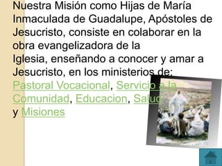 Nuestra Misión como Hijas de María
Inmaculada de Guadalupe, Apóstoles de
Jesucristo, consiste en colaborar en la
obra evangelizadora de la
Iglesia, enseñando a conocer y amar a
Jesucristo, en los ministerios de:
Pastoral Vocacional, Servicio a la
Comunidad, Educacion, Salud
y Misiones
 