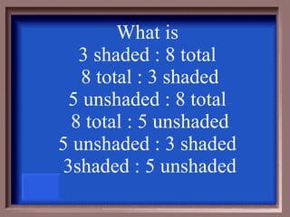 What is  3 shaded : 8 total  8 total : 3 shaded 5 unshaded : 8 total  8 total : 5 unshaded 5 unshaded : 3 shaded  3shaded : 5 unshaded 