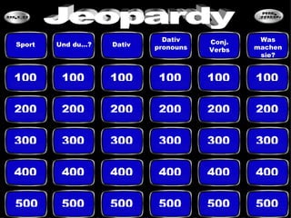 100 100 100 100 100 100 200 200 200 200 200 200 300 300 300 300 300 300 400 400 400 400 400 400 500 500 500 500 500 500 Sport Und du…? Dativ  Dativ pronouns Conj. Verbs Was machen sie? Jeopardy 