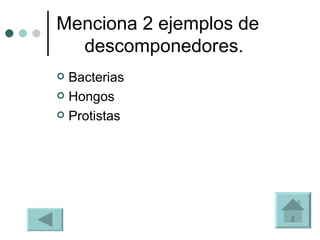 Menciona 2 ejemplos de descomponedores.  Bacterias Hongos Protistas 