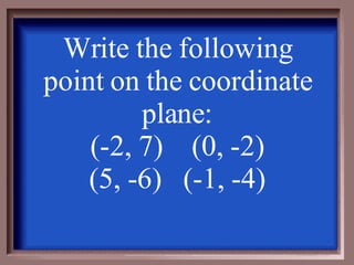 Write the following point on the coordinate plane: (-2, 7)  (0, -2) (5, -6)  (-1, -4) 
