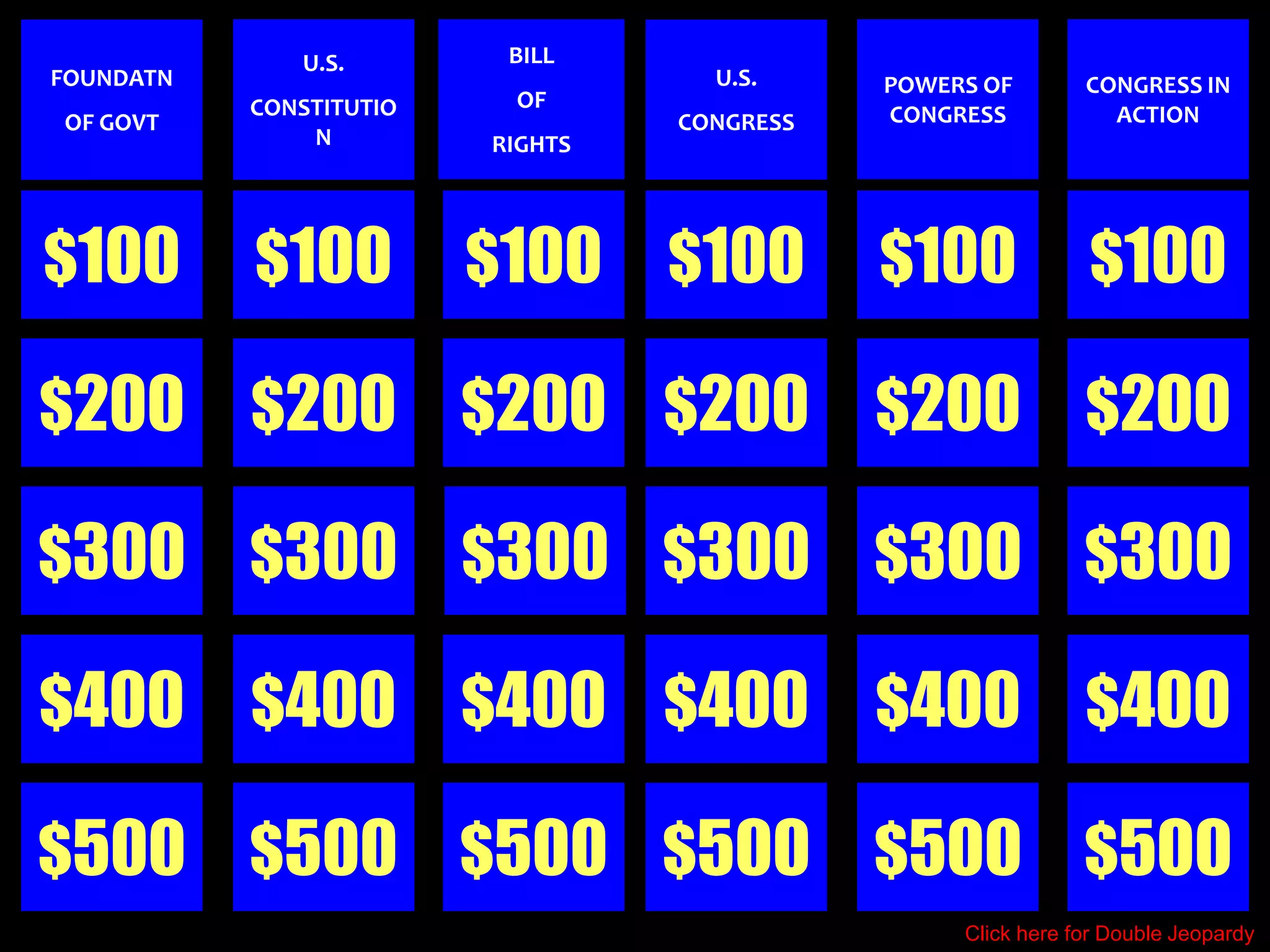 U.S.        BILL
FOUNDATN                            U.S.     POWERS OF        CONGRESS IN
           CONSTITUTIO    OF
OF GOVT                           CONGRESS   CONGRESS           ACTION
               N         RIGHTS




$100       $100          $100     $100       $100             $100

$200       $200          $200 $200           $200             $200

$300       $300          $300 $300           $300 $300

$400       $400          $400 $400           $400             $400

$500 $500 $500 $500 $500 $500
                                                  Click here for Double Jeopardy
 