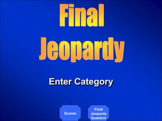 © Mark E. Damon - All Rights Reserved




                                  Enter Category

                                                   Final
                                        Scores   Jeopardy
                                                 Question
 