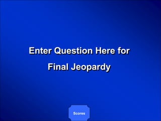 © Mark E. Damon - All Rights Reserved




                    Enter Question Here for
                                  Final Jeopardy




                                        Scores
 