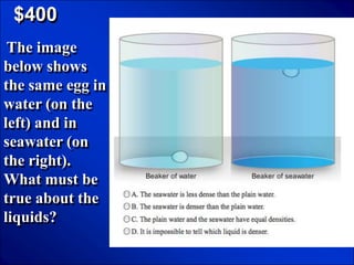 © Mark E. Damon - All Rights Reserved

   $400
 The image
below shows
the same egg in
water (on the
left) and in
seawater (on
the right).
What must be
true about the
liquids?
 