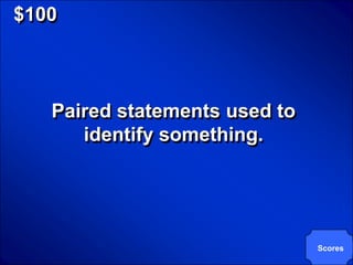 © Mark E. Damon - All Rights Reserved

   $100



                Paired statements used to
                   identify something.




                                            Scores
 