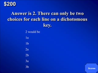 © Mark E. Damon - All Rights Reserved

   $200
         Answer is 2. There can only be two
       choices for each line on a dichotomous
                         key.
                             2 would be
                             1a
                             1b
                             2a
                             2b
                             3a
                             3b                 Scores
 