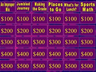 $100 $200 $300 $400 $500 $100 $200 $300 $400 $500 $100 $200 $300 $400 $500 $100 $200 $300 $400 $500 $100 $200 $300 $400 $500 $100 $200 $300 $400 $500 Jumbled Journey Making the Grade What's for Lunch? An Improper Mix Sports Math Places to Go 