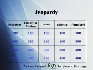 Jeopardy Click on the snail  to return to this page 400 400 400 400 400 300 300 300 300 300 200 200 200 200 200 100 100 100 100 100 Potpourri  Science Division Fantasy or Realism Resources 