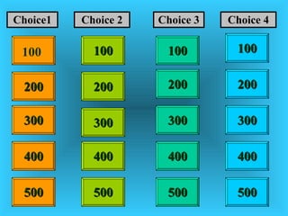 100 100 200 200 400 400 300 400 Choice1 Choice 2 Choice 3 Choice 4 300 300 300 200 400 200 100 500 500 500 500 100 
