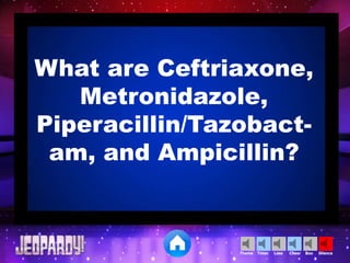 Cheer SilenceLoseTimer BooTheme
What are Ceftriaxone,
Metronidazole,
Piperacillin/Tazobact-
am, and Ampicillin?
 
