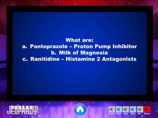 Cheer SilenceLoseTimer BooTheme
What are:
a. Pantoprazole – Proton Pump Inhibitor
b. Milk of Magnesia
c. Ranitidine – Histamine 2 Antagonists
 