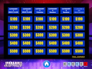 Cheer SilenceLoseTimer BooTheme
$100 $100 $100 $100 $100
$200 $200 $200 $200 $200 $200
$300 $300 $300 $300 $300 $300
$400 $400 $400 $400 $400 $400
$500 $500 $500 $500 $500 $500
CATEGORY
1
DRUG CLASS
CATEGORY
2
DRUG CLASS
CATEGORY
3
Vitamins
CATEGORY
4
Random
CATEGORY
5
Random
CATEGORY 6
DX/
PROCEDURES
FINAL JEOPARDY
$100
 