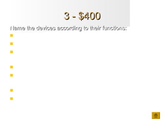 3 - $4003 - $400
Name the devices according to their functions:Name the devices according to their functions:
 This is used for turning on the ship lights.
 This device helps to move the rudder blade.
 They operate the main engine in emergency
situations.
 It shows the propeller blade pitch
 It is a special type of propeller fitted with adjustable
blades.
 A lever used to turn a rudder and steer a ship.
 It assists ship handling by moving the bow or stern
laterally.
 