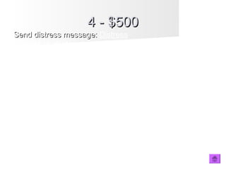 4 - $5004 - $500
Send distress message:Send distress message: Distress
Vessel in distress:
Danhlgren DD43
Distress situation: ship has taken on water and in danger
of capsizing
Position: 49° 04.6' North 123° 18.8' West
Salvage vessel:
Quirinus A39
Position: 46° 05' North 132° 19.4' West
Speed: 10 knots
ETA: 04:45 UTC
 