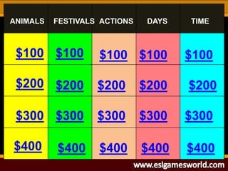 $100
$200
$300
$400
$100
$200
$300
$400 $400 $400$400
$300 $300 $300
$200 $200 $200
$100 $100$100
ANIMALS ACTIONS DAYS TIM...