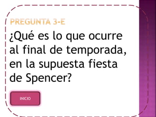 ¿Qué es lo que ocurre 
al final de temporada, 
en la supuesta fiesta 
de Spencer? 
INICIO 
 