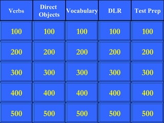 Direct
Verbs             Vocabulary   DLR   Test Prep
        Objects

100      100         100       100     100

200      200         200       200     200

300      300         300       300     300

400      400         400       400     400

500      500         500       500     500
 