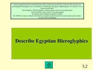 3,2 Describe Egyptian Hieroglyphics Each hieroglyph found in pyramids and tombs often symbolized more than one consonant. Not only that, but actual Egyptian hieroglyphs were a combination of sound-signs, pictograms,  and  ideograms. No wonder it was so hard to decode them! New Kingdom= 700 hieroglyphs in common usage, while rest were phonograms 100 were strictly visual, while rest were phonograms Eventually scribes adapted hieroglyphic symbols By 700 BCE, script was refined to the demotic (or popular script) was used for secular matters such as letters, accounts and record keeping 