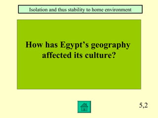 5,2 How has Egypt’s geography  affected its culture? Isolation and thus stability to home environment 