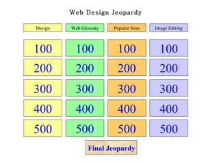 Web Design Jeopardy 100 200 300 400 500 100 200 300 400 500 100 200 300 400 500 100 200 300 400 500 Design Web Glossary Popular Sites Image Editing Final Jeopardy 