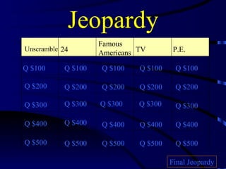 Jeopardy Unscramble 24 Famous  Americans TV P.E. Q $100 Q $200 Q $300 Q $400 Q $500 Q $100 Q $100 Q $100 Q $100 Q $200 Q $200 Q $200 Q $200 Q $300 Q $300 Q $300 Q $300 Q $400 Q $400 Q $400 Q $400 Q $500 Q $500 Q $500 Q $500 Final Jeopardy 