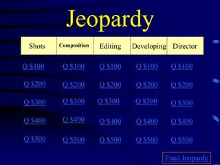 Jeopardy
 Shots   Composition   Editing   Developing Director

Q $100    Q $100       Q $100     Q $100    Q $100

Q $200    Q $200       Q $200     Q $200    Q $200

Q $300    Q $300       Q $300     Q $300    Q $300

Q $400    Q $400       Q $400     Q $400    Q $400

Q $500    Q $500       Q $500     Q $500    Q $500

                                           Final Jeopardy
 