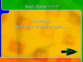 Well Done!!!!!!!!


         10 Points
Next team choose a topic…….
 