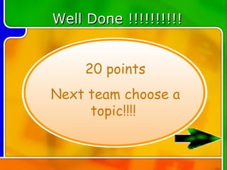 Well Done !!!!!!!!!!


     20 points
Next team choose a
     topic!!!!
 