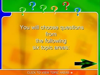 You will choose questions
           from
     the following
    six topic areas:



  CLICK TO VIEW TOPIC AREAS 
 